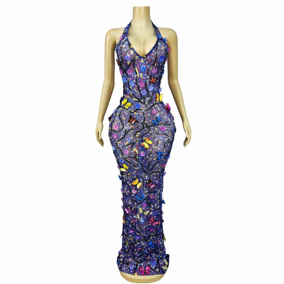 CELESINYI Huadie Crystal 3D Butterfly Halter Gown