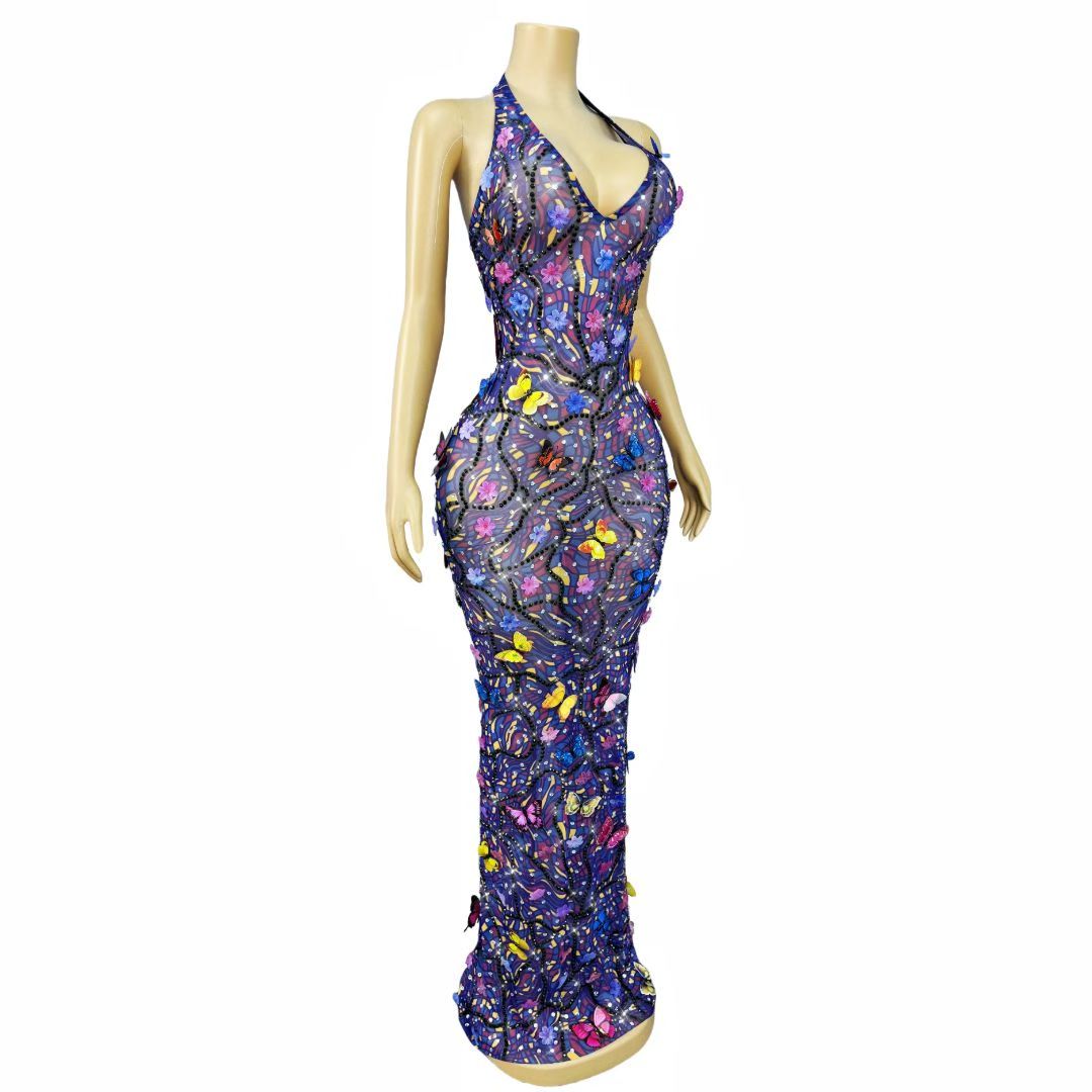 CELESINYI Huadie Crystal 3D Butterfly Halter Gown