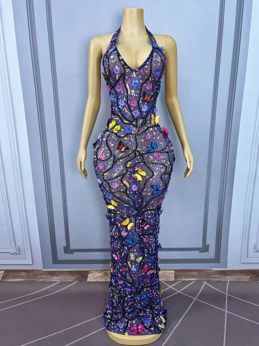 CELESINYI Huadie Crystal 3D Butterfly Halter Gown