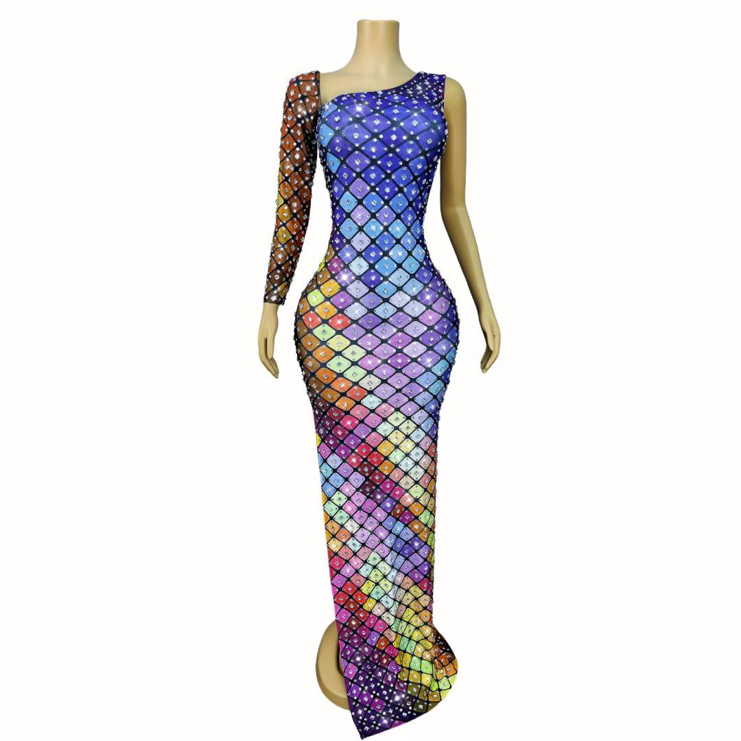 CELESINYI Caige Crystal Rainbow Grid One-Shoulder Gown