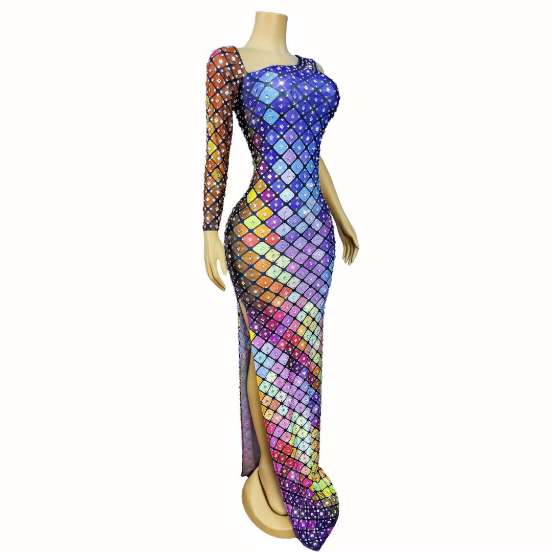CELESINYI Caige Crystal Rainbow Grid One-Shoulder Gown