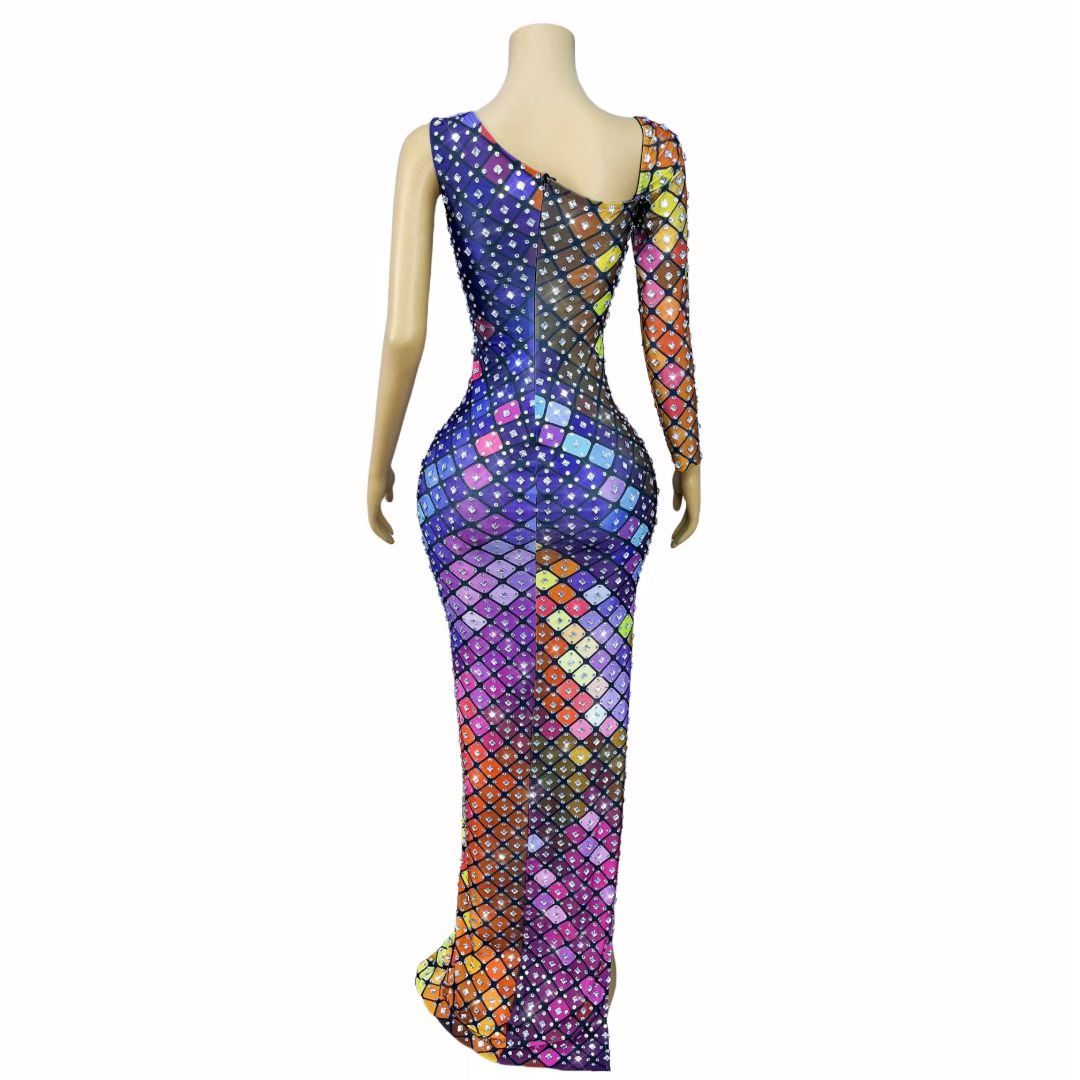 CELESINYI Caige Crystal Rainbow Grid One-Shoulder Gown
