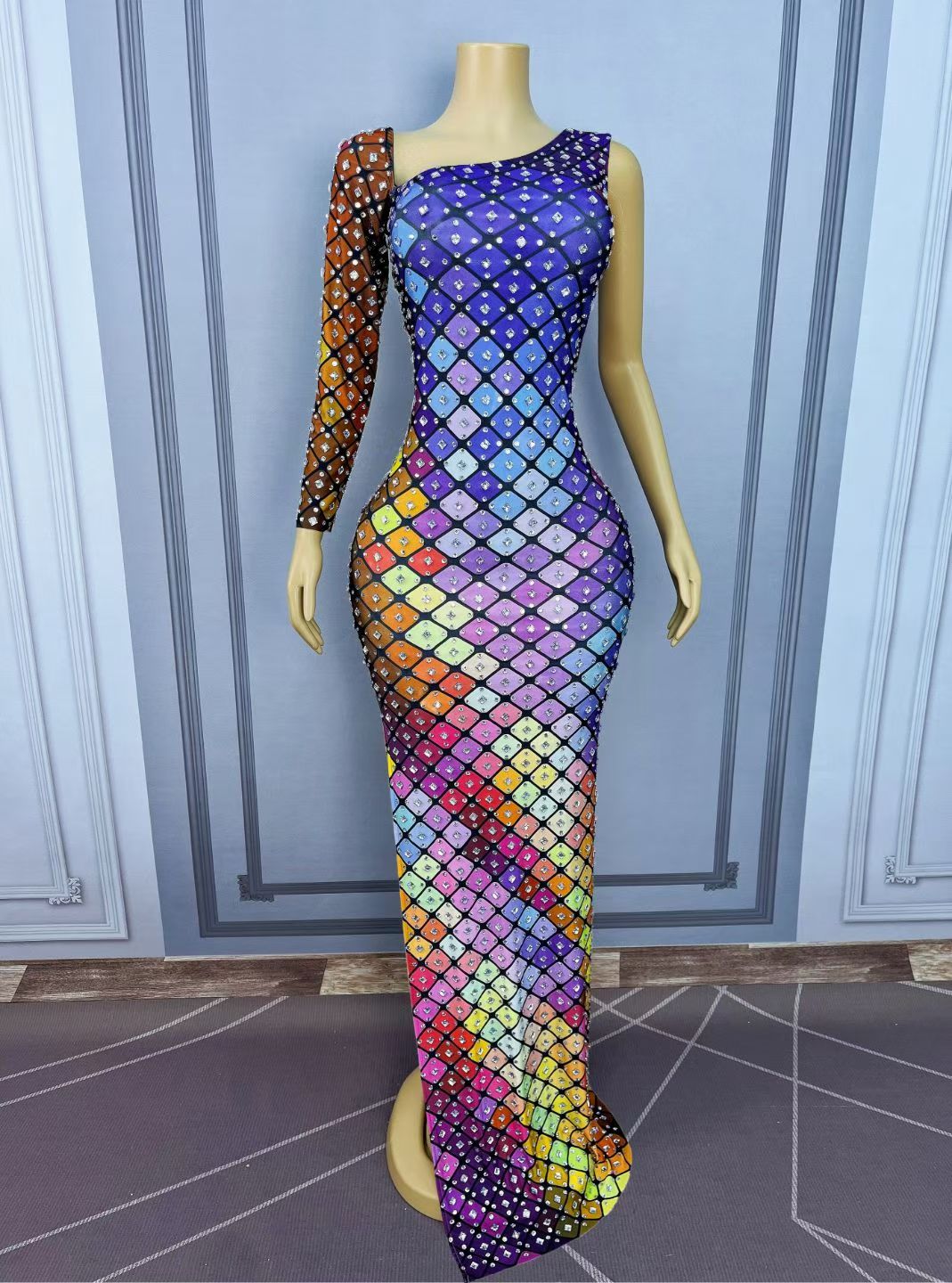 CELESINYI Caige Crystal Rainbow Grid One-Shoulder Gown