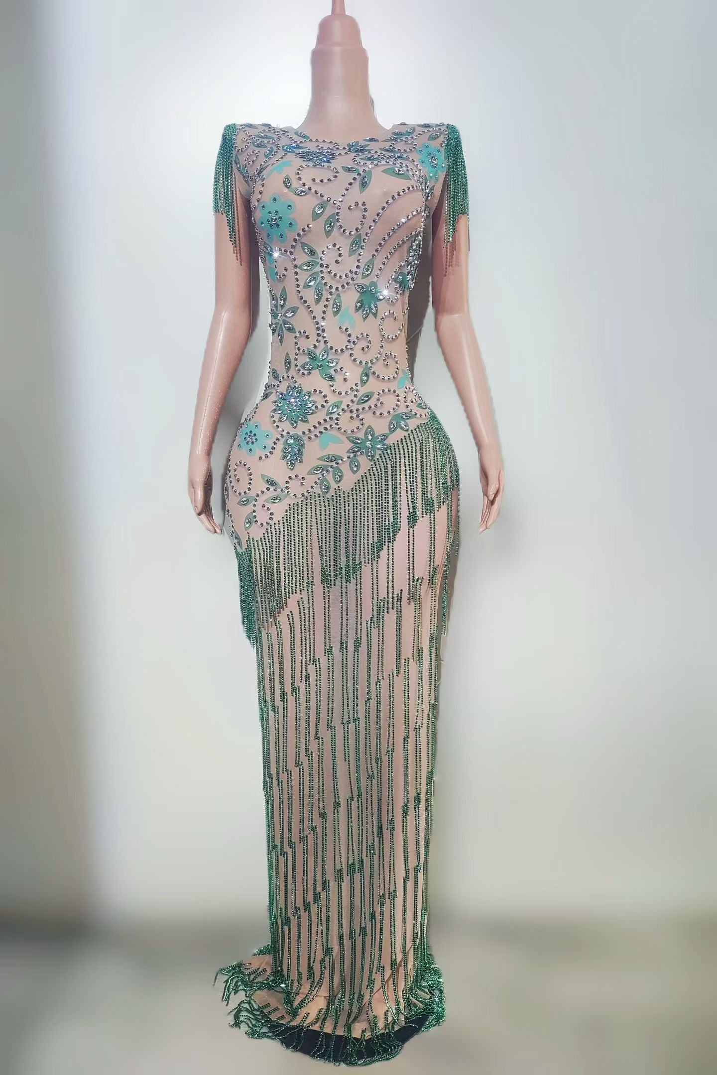 CELESINYI Lvzao Crystal Emerald Bead Fringe Gown
