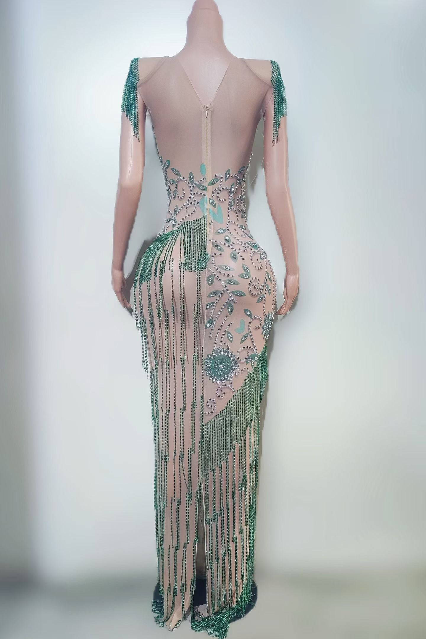 CELESINYI Lvzao Crystal Emerald Bead Fringe Gown