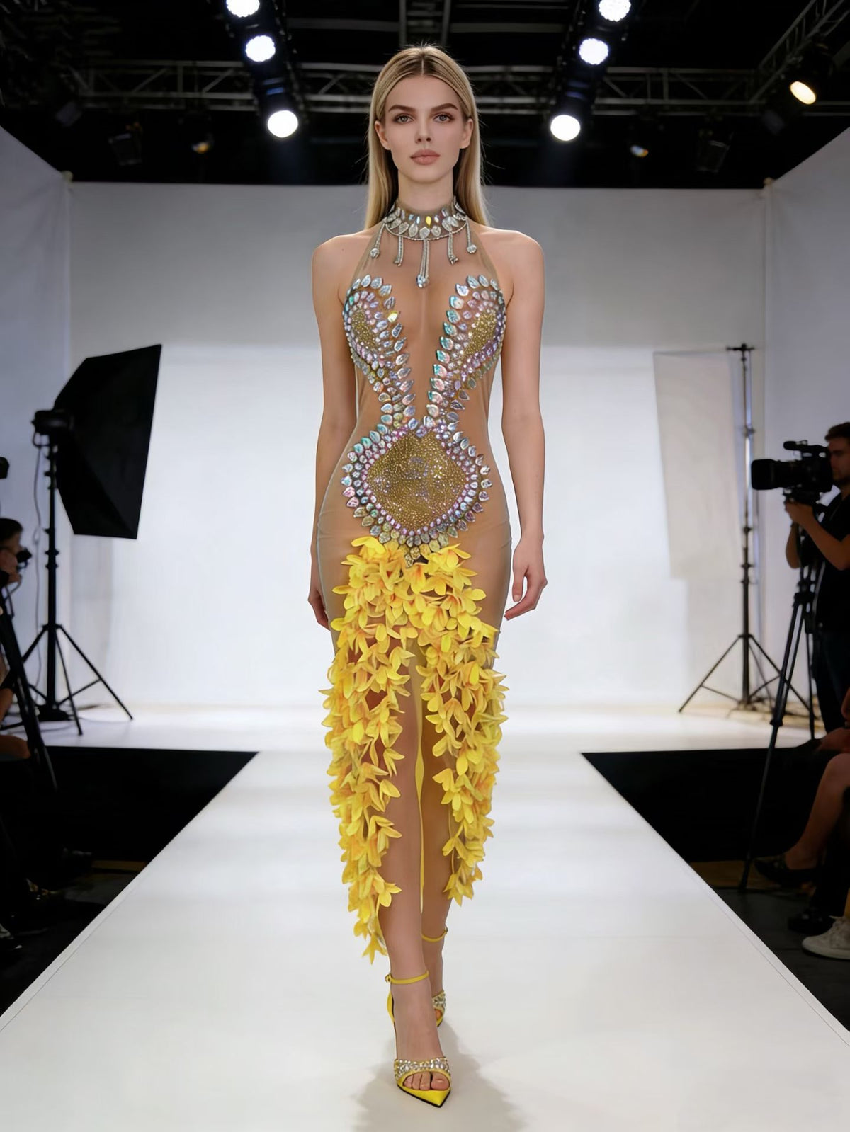 CELESINYI Dora Iridescent Crystal Yellow Petal Gown