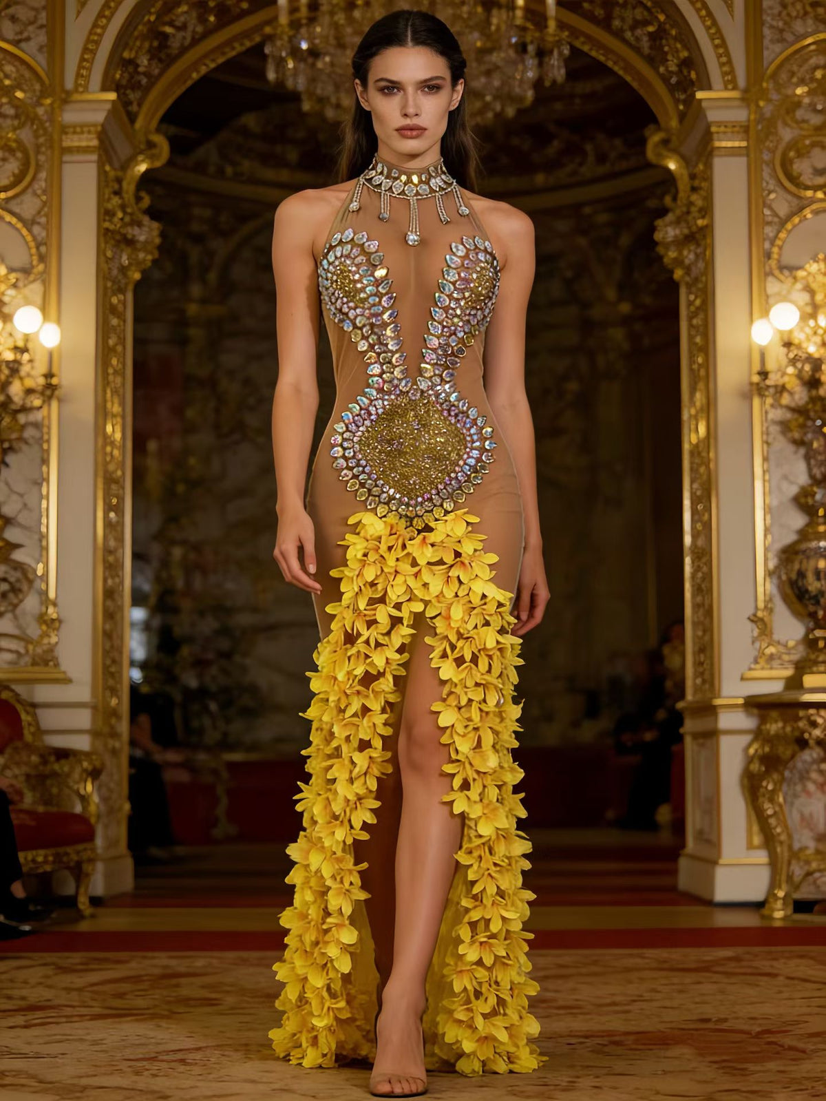 CELESINYI Dora Iridescent Crystal Yellow Petal Gown