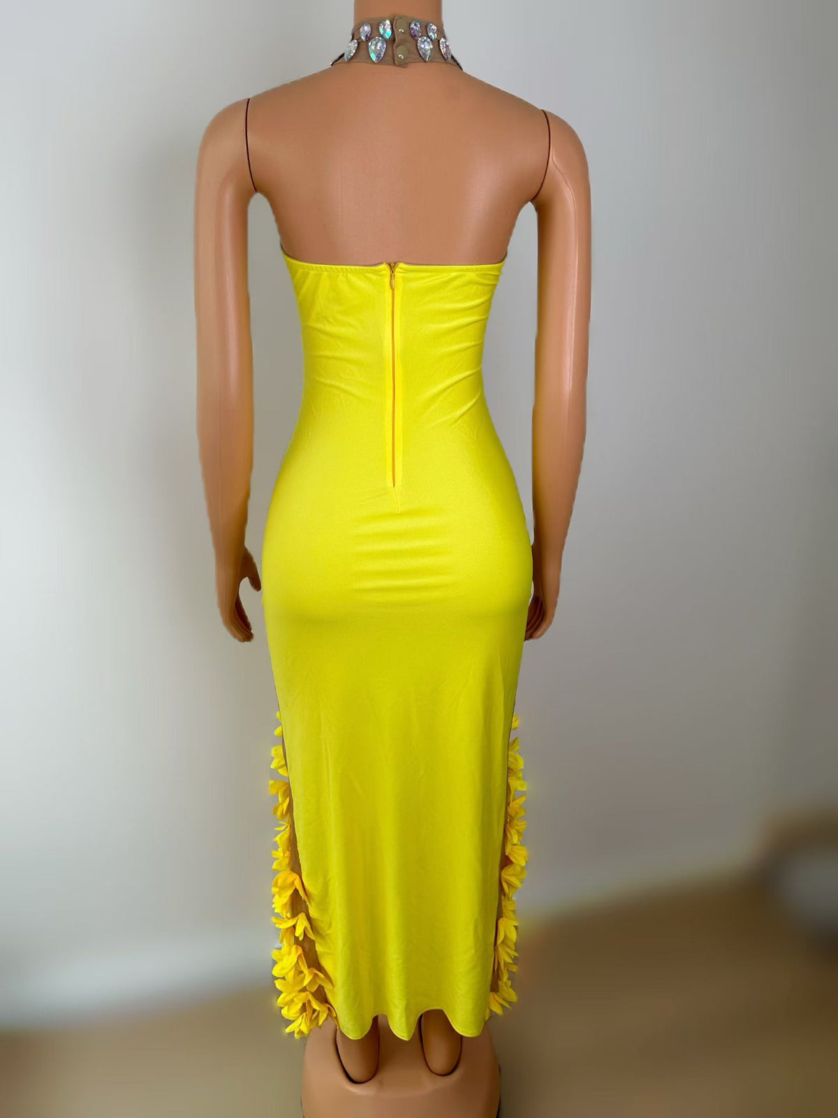 CELESINYI Dora Iridescent Crystal Yellow Petal Gown