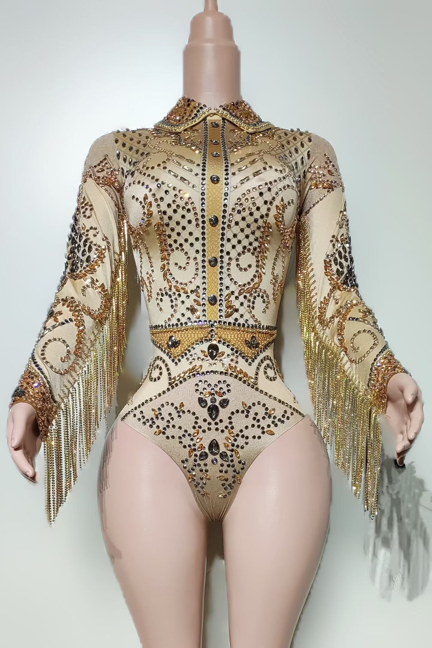 CELESINYI Biju Crystal Cream Gold Beaded Bodysuit
