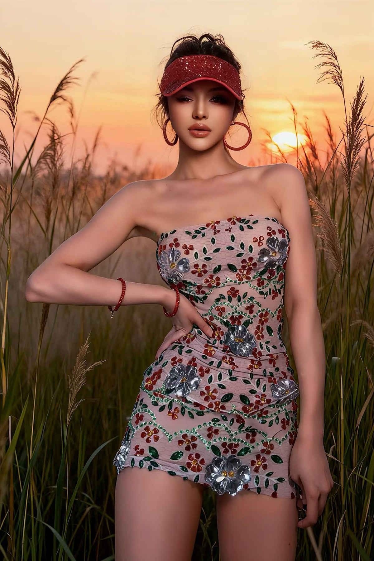 CELESINYI Changyu Crystal Scarlet Floral Mini Dress