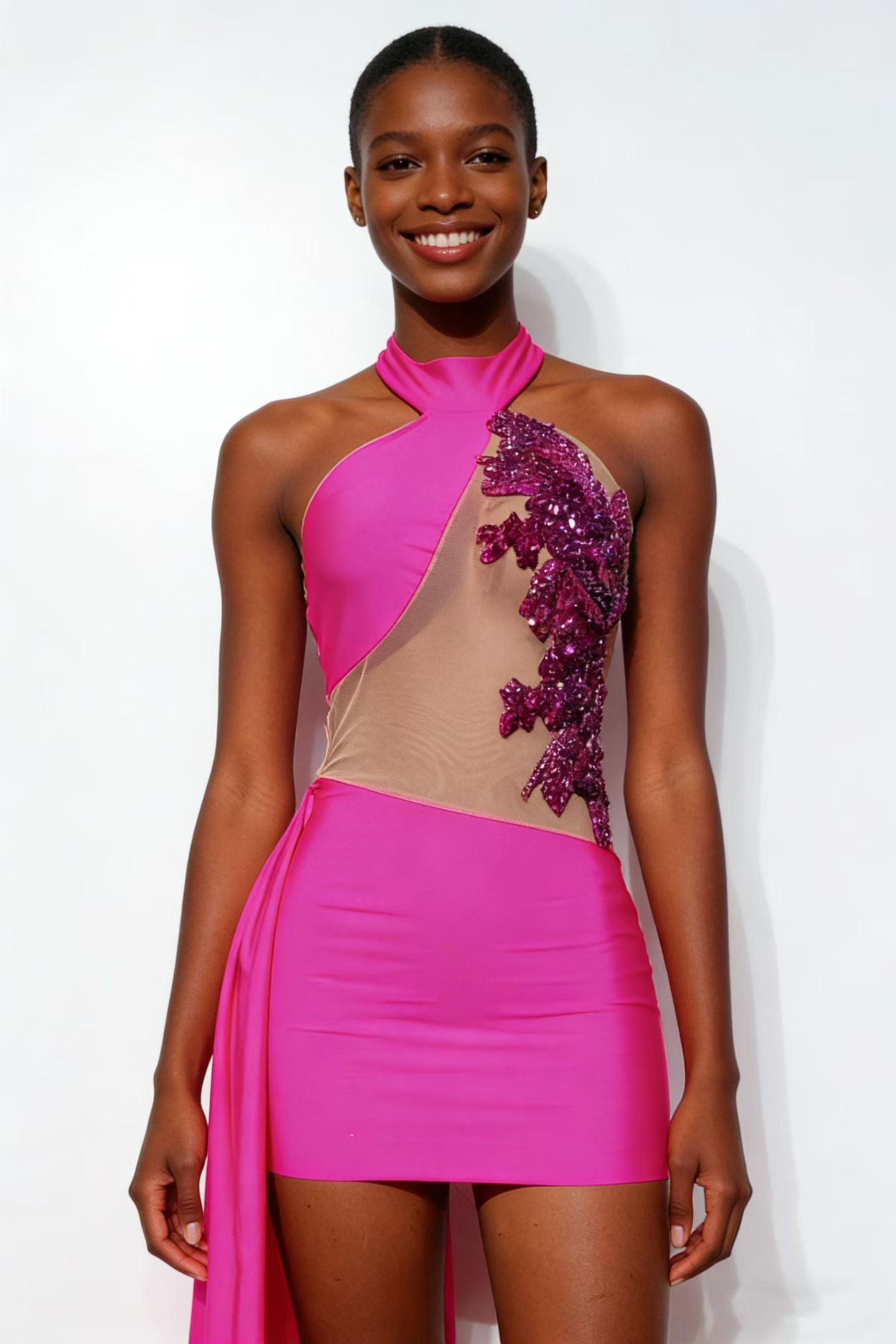 CELESINYI Gongqiqun Crystal Fuchsia Asymmetric Mini Dress