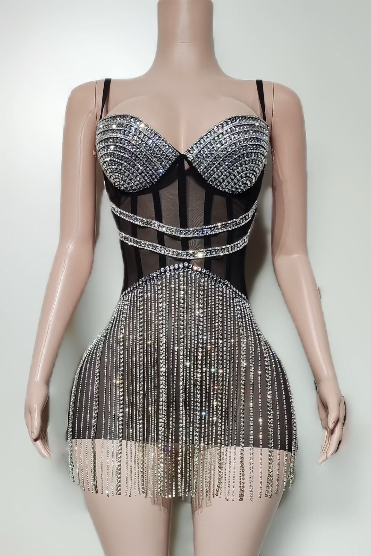 CELESINYI Naisi Crystal Silver Fringe Mini Dress