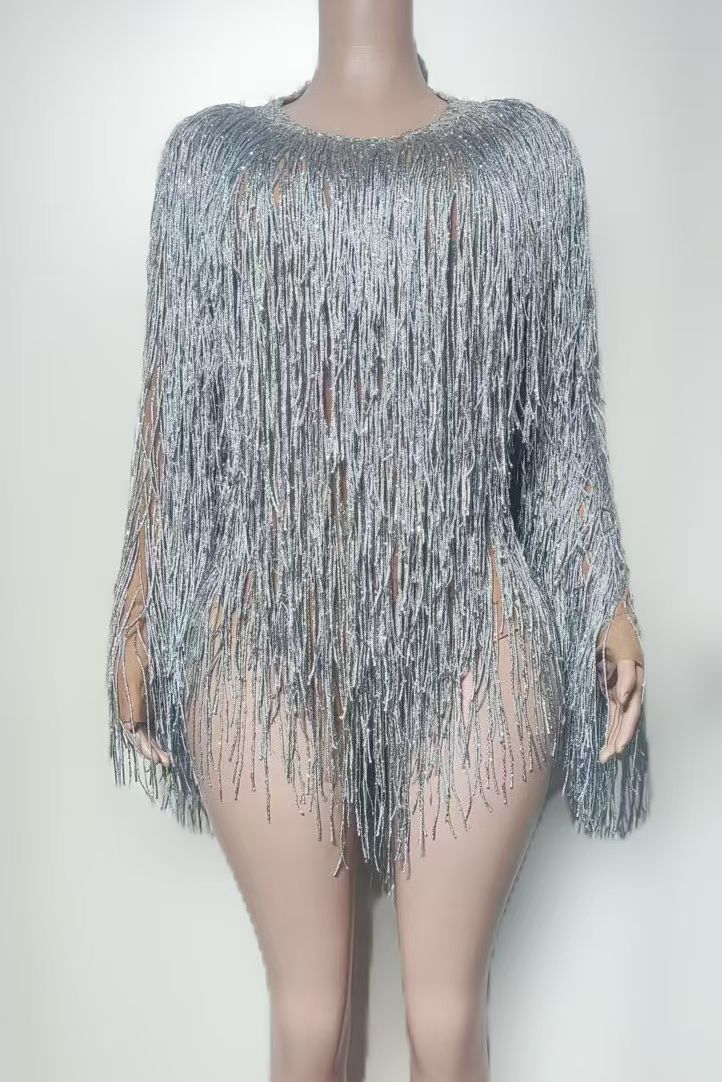 CELESINYI Chayin Crystal Gold Fringe Mini Dress