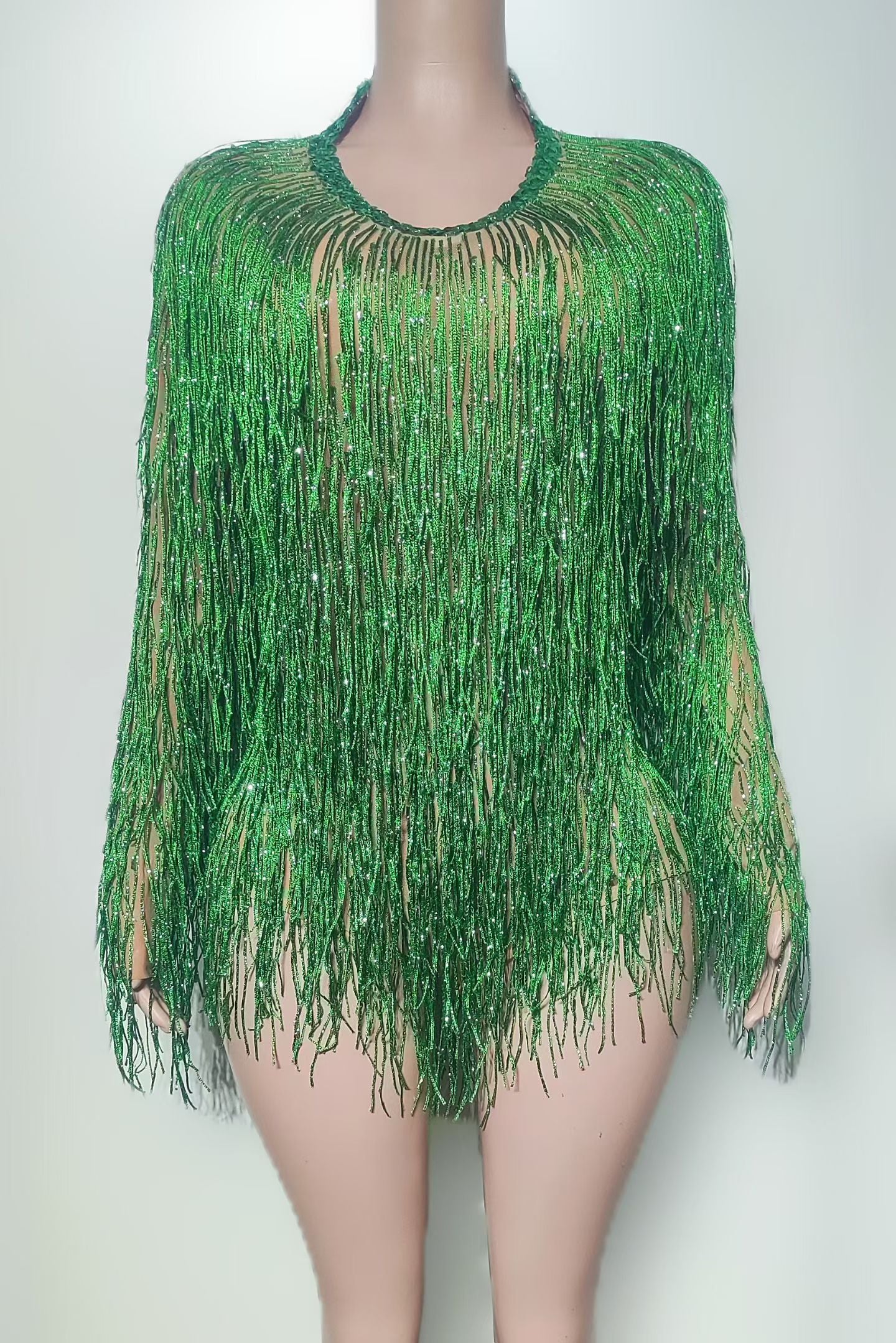CELESINYI Chayin Crystal Gold Fringe Mini Dress