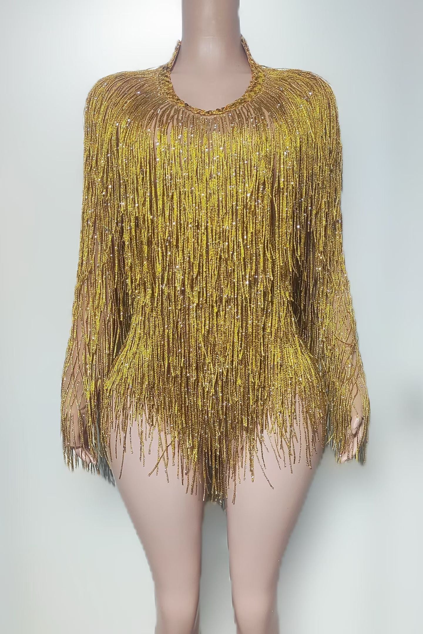 CELESINYI Chayin Crystal Gold Fringe Mini Dress
