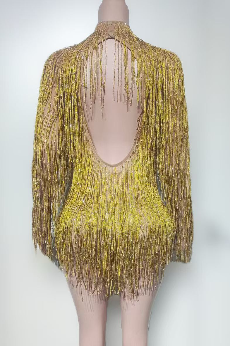 CELESINYI Chayin Crystal Gold Fringe Mini Dress