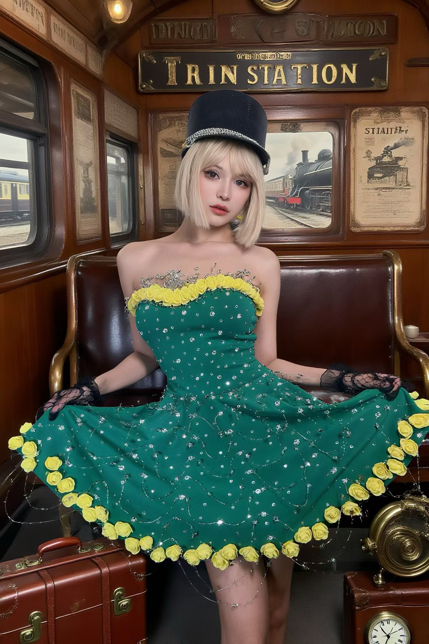 CELESINYI Huanglv Crystal Emerald Rose Dress