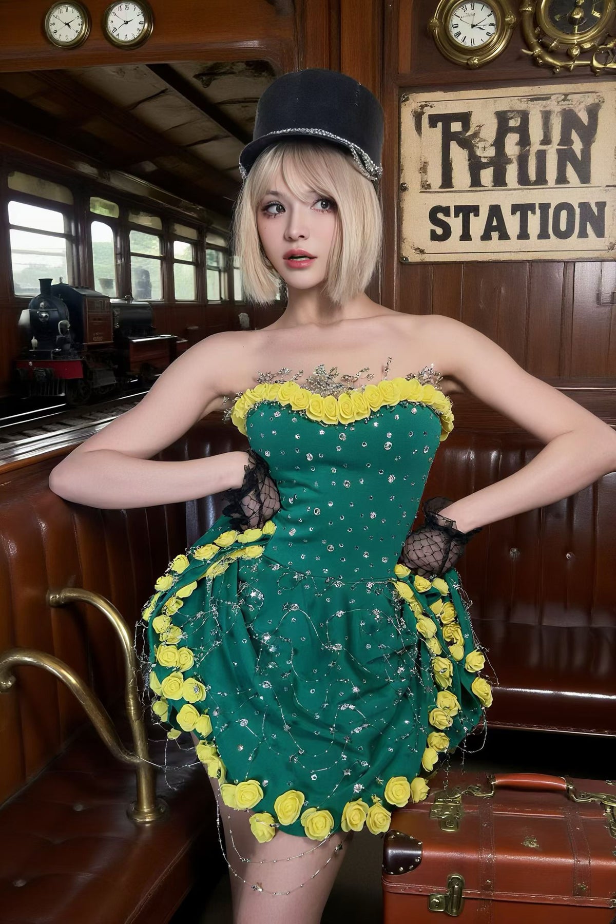 CELESINYI Huanglv Crystal Emerald Rose Dress