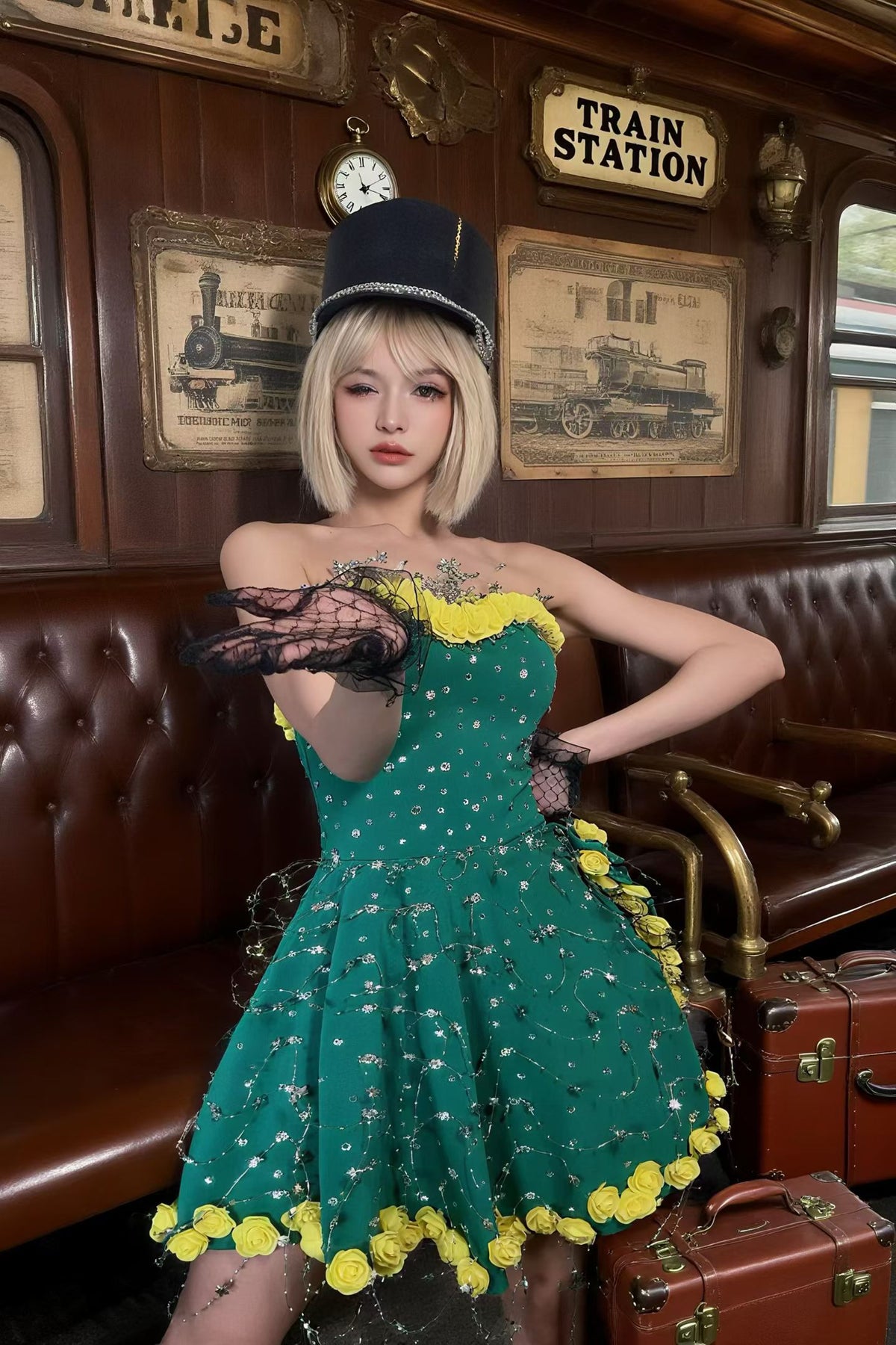 CELESINYI Huanglv Crystal Emerald Rose Dress