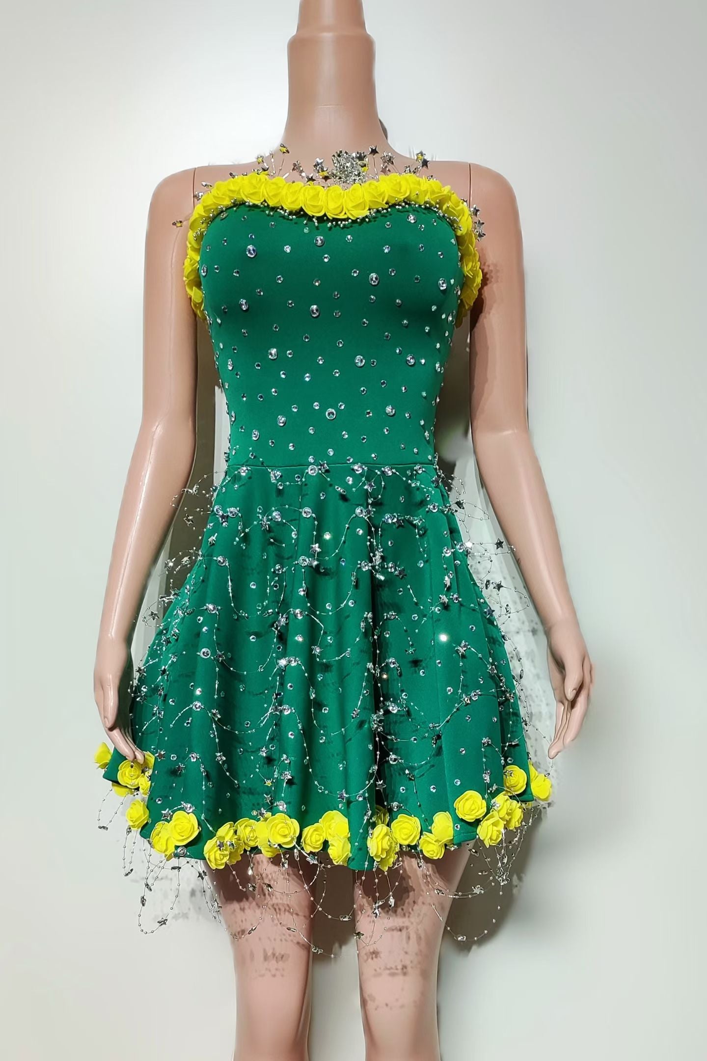 CELESINYI Huanglv Crystal Emerald Rose Dress