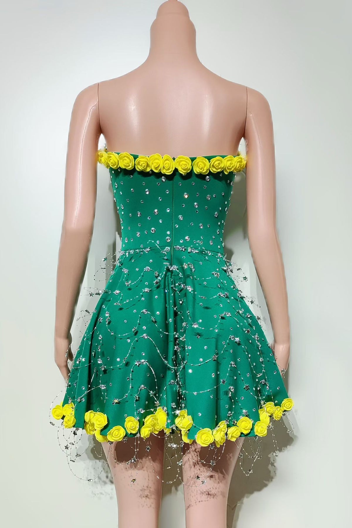 CELESINYI Huanglv Crystal Emerald Rose Dress