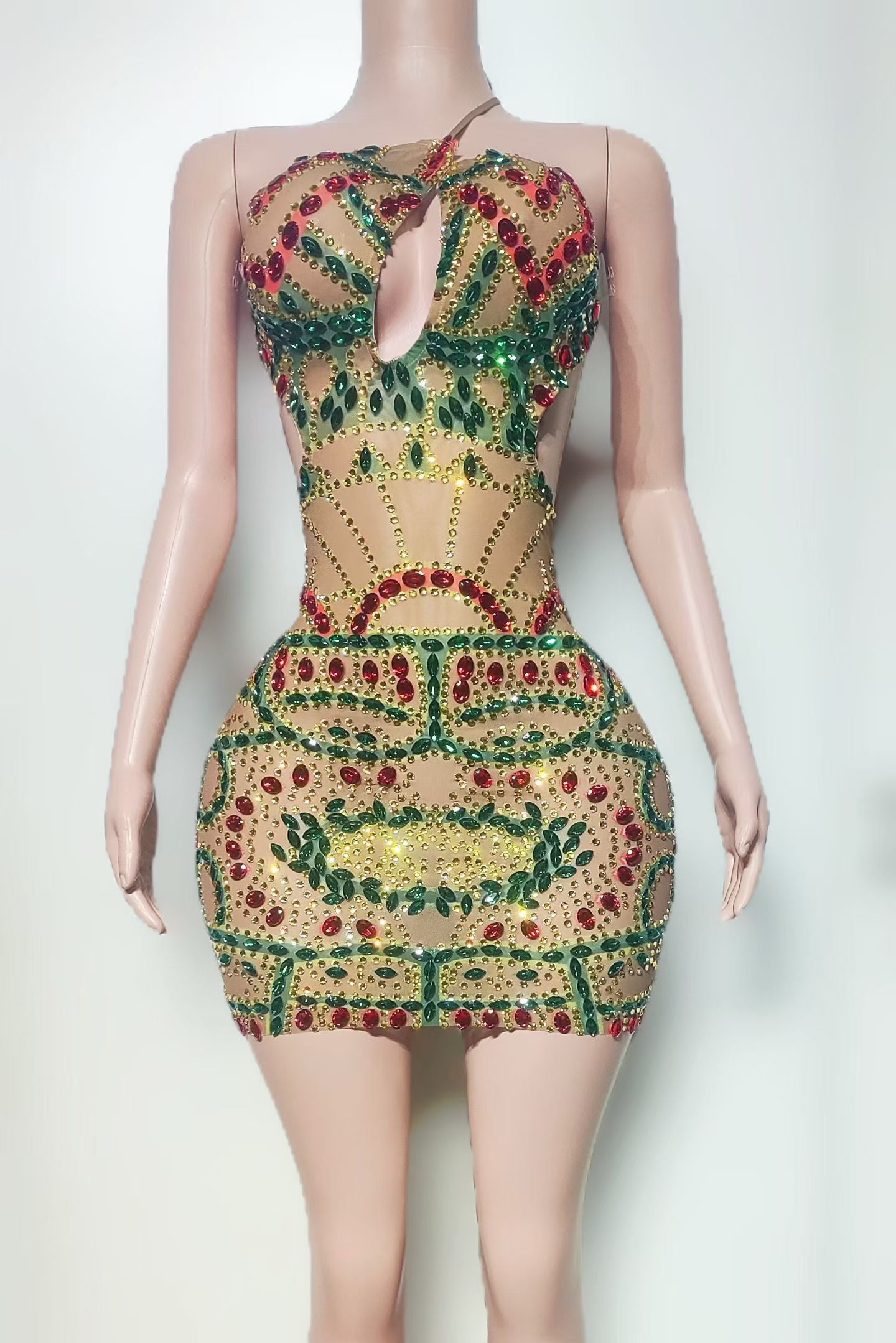 CELESINYI Danyin Crystal Tricolor Gem Mini Dress