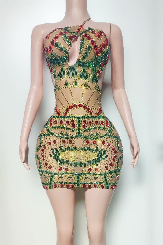CELESINYI Danyin Crystal Tricolor Gem Mini Dress