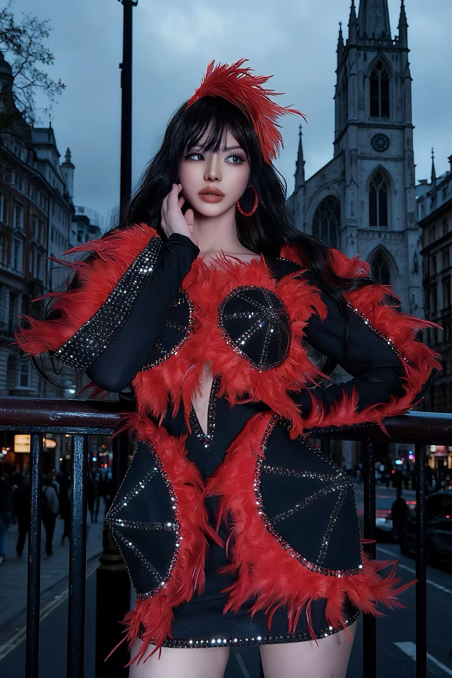 CELESINYI Aotehong Crystal Red Feather Mini Dress