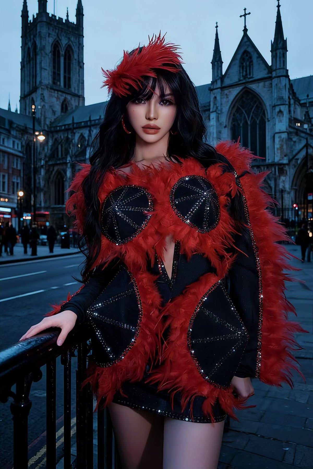 CELESINYI Aotehong Crystal Red Feather Mini Dress