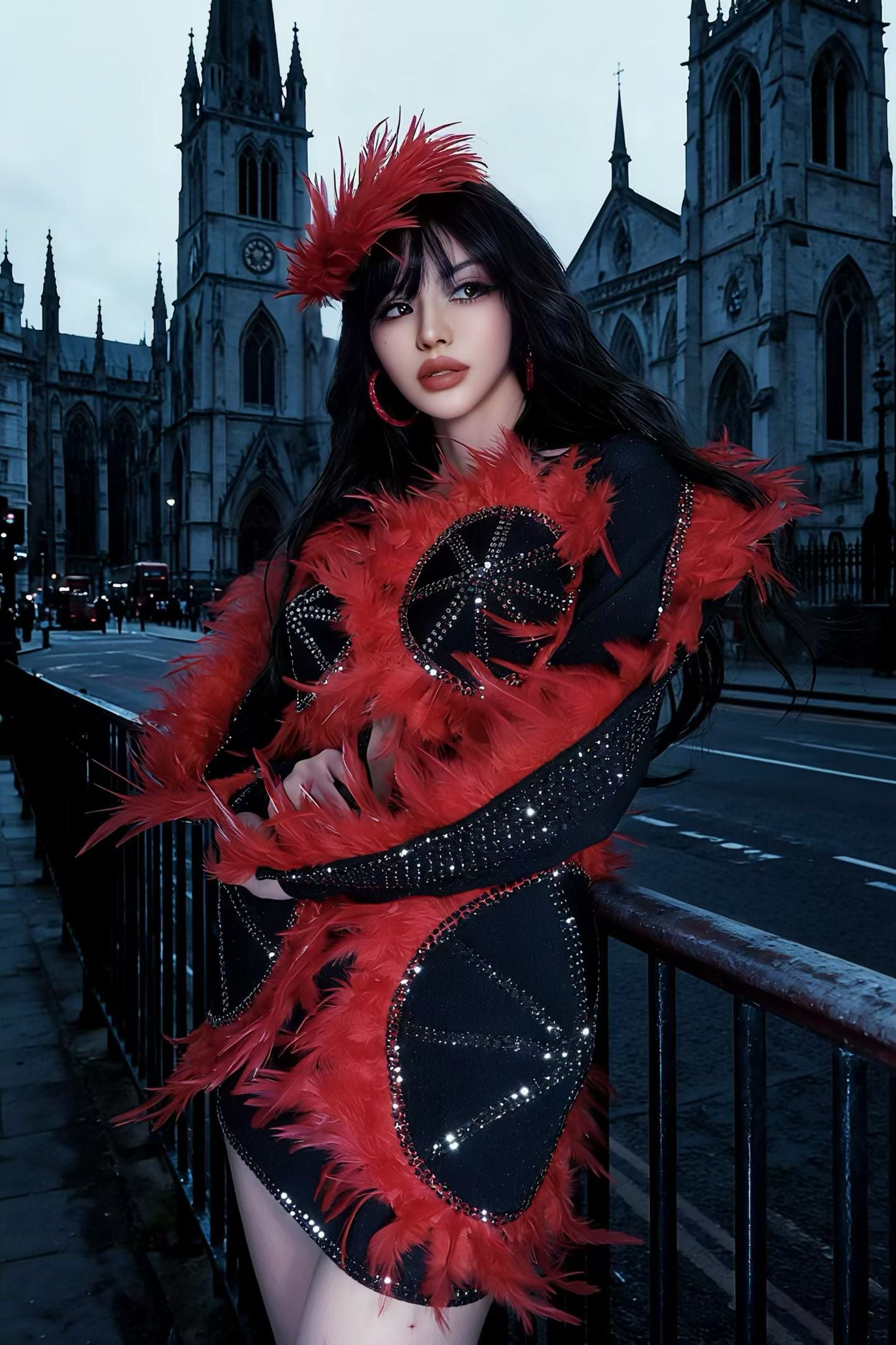CELESINYI Aotehong Crystal Red Feather Mini Dress