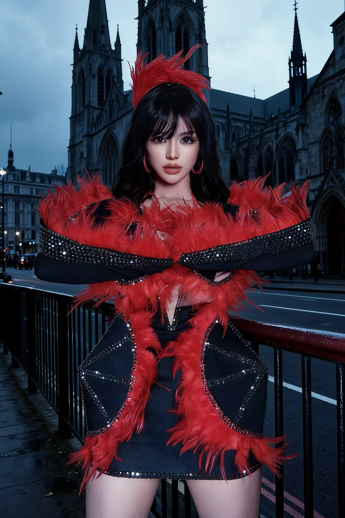 CELESINYI Aotehong Crystal Red Feather Mini Dress
