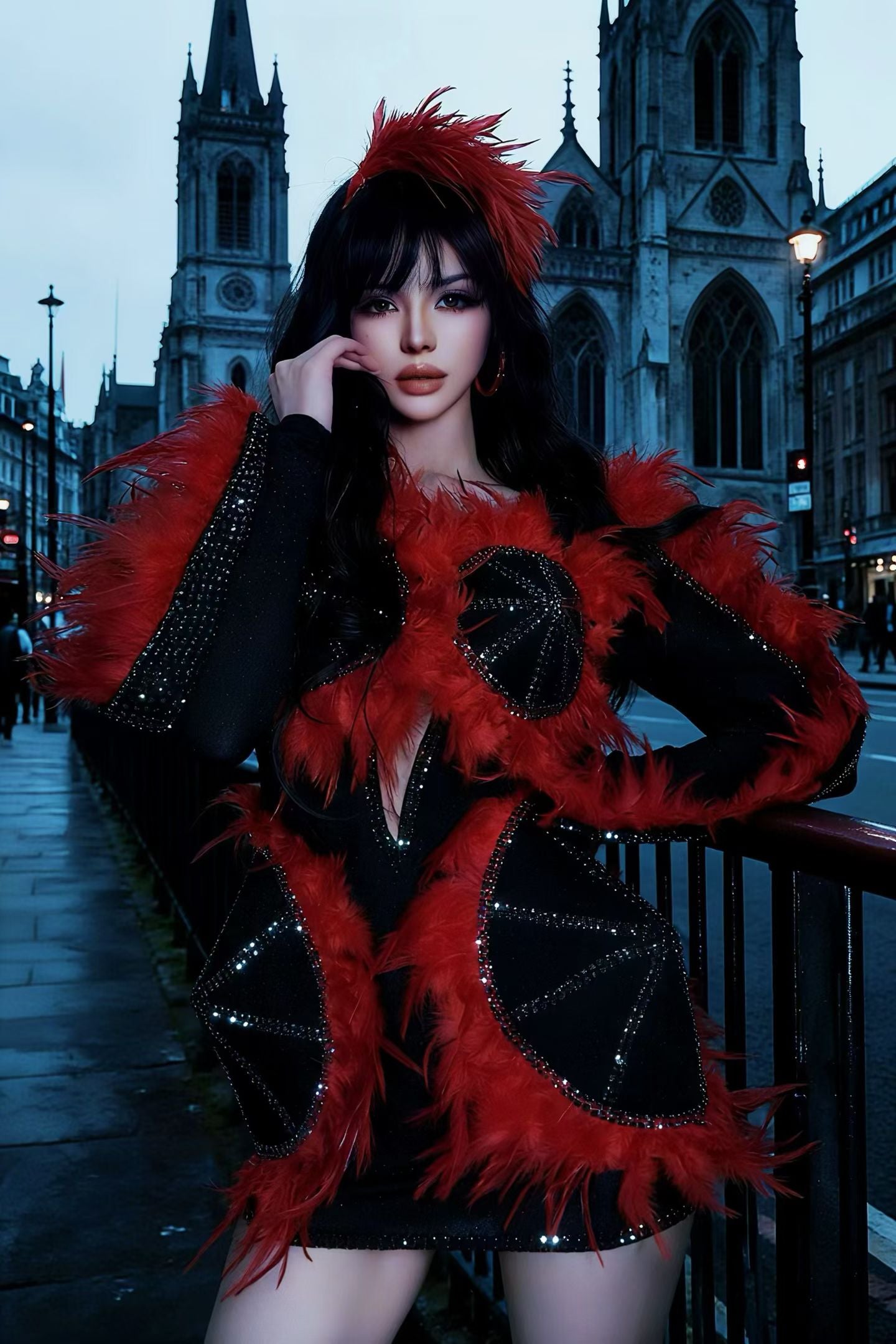 CELESINYI Aotehong Crystal Red Feather Mini Dress