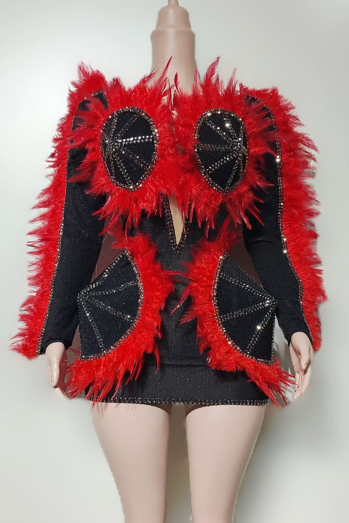 CELESINYI Aotehong Crystal Red Feather Mini Dress
