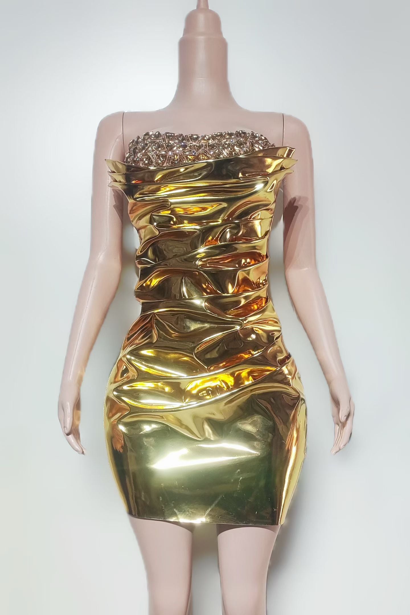 CELESINYI Qingshu Crystal Liquid Gold Mini Dress