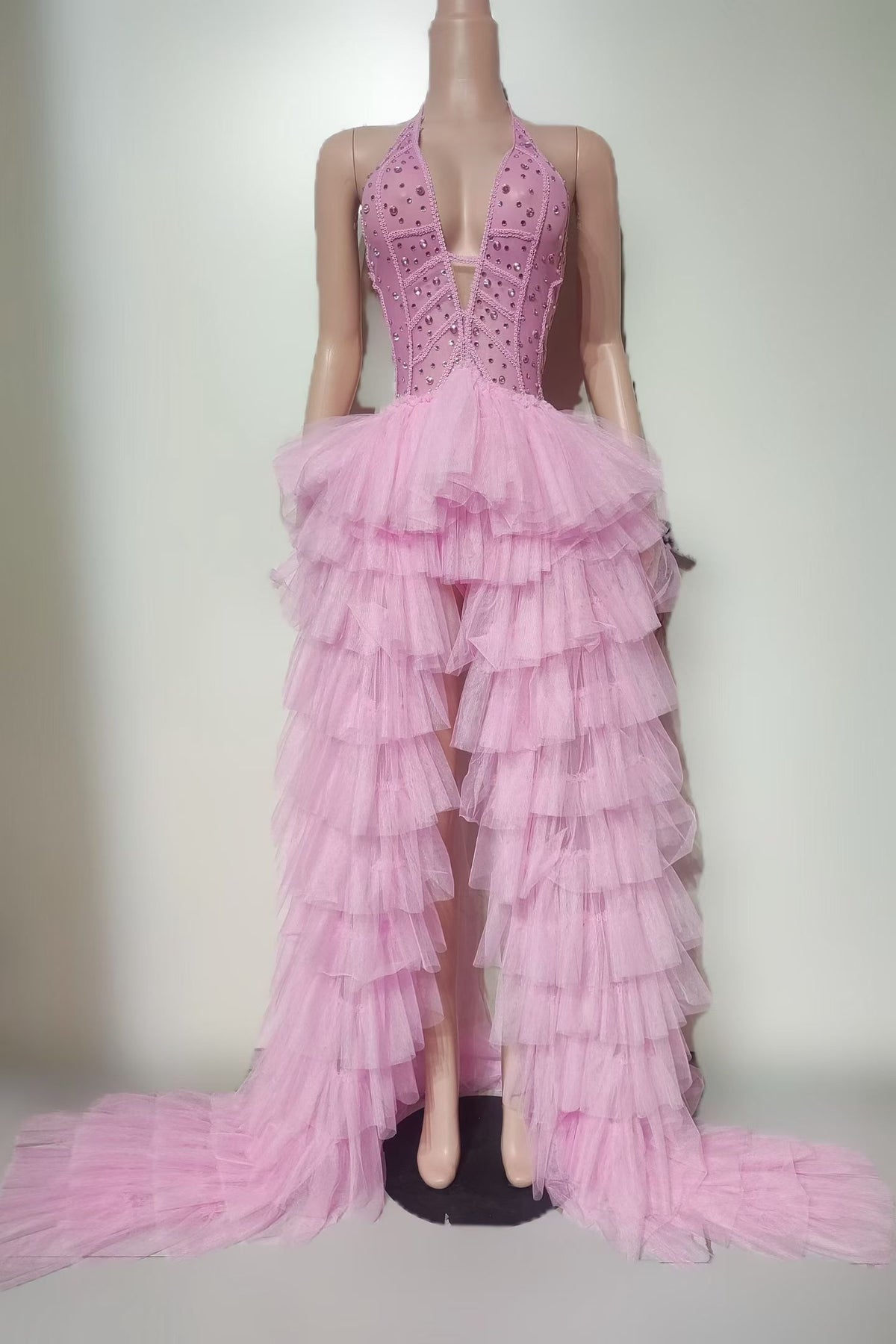 CELESINYI Danjuanfen Crystal Pink Layered Ruffle Gown