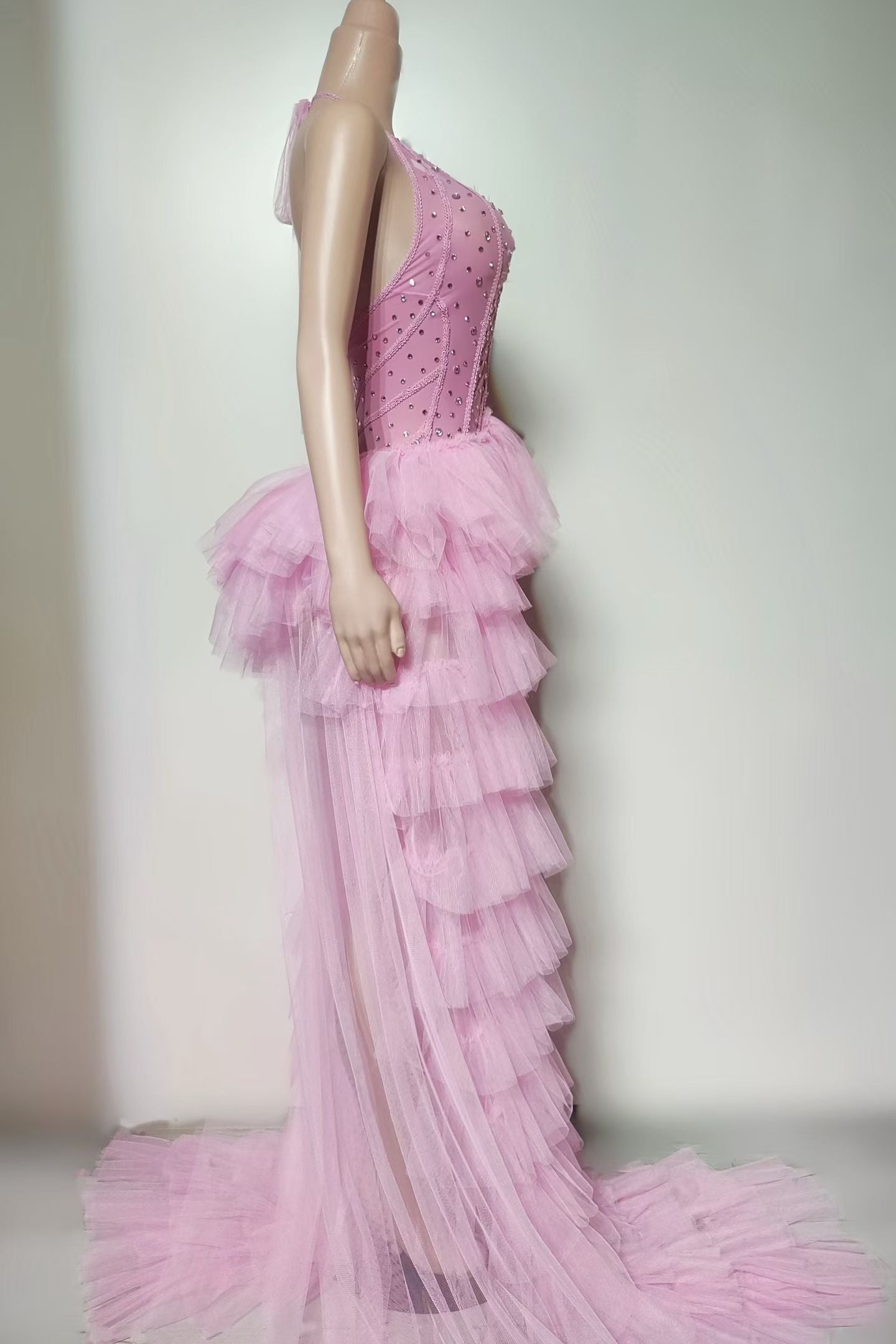 CELESINYI Danjuanfen Crystal Pink Layered Ruffle Gown