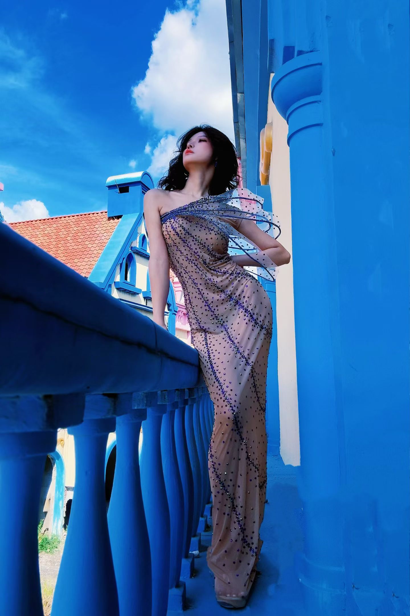 CELESINYI Yuntilan Crystal Purple Blue Rhinestone Gown