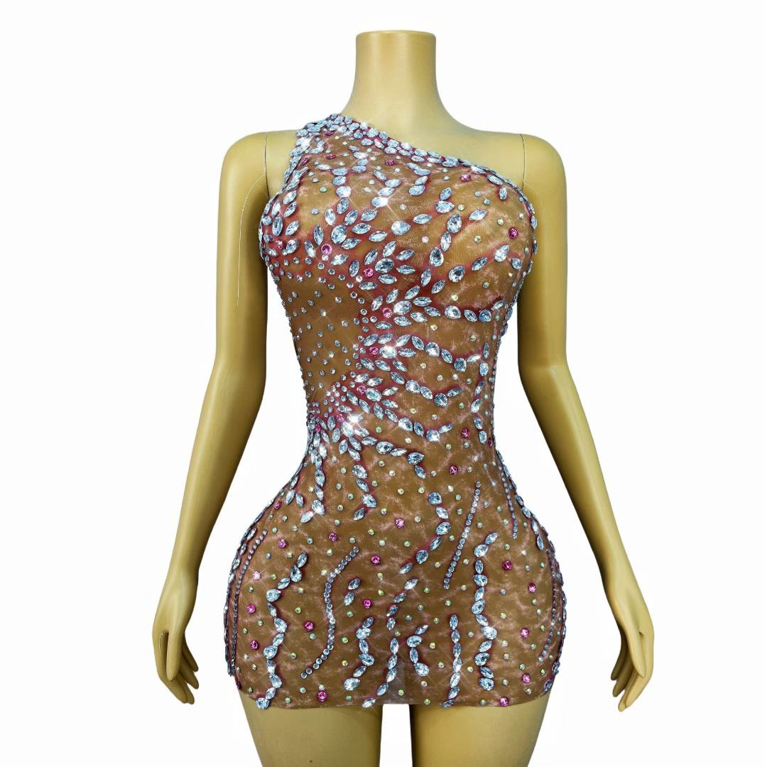 CELESINYI Lunhai Crystal One-Shoulder Mini Dress (Deep Nude)