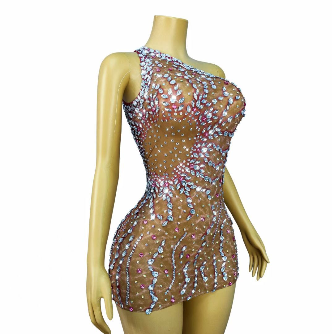 CELESINYI Lunhai Crystal One-Shoulder Mini Dress (Deep Nude)