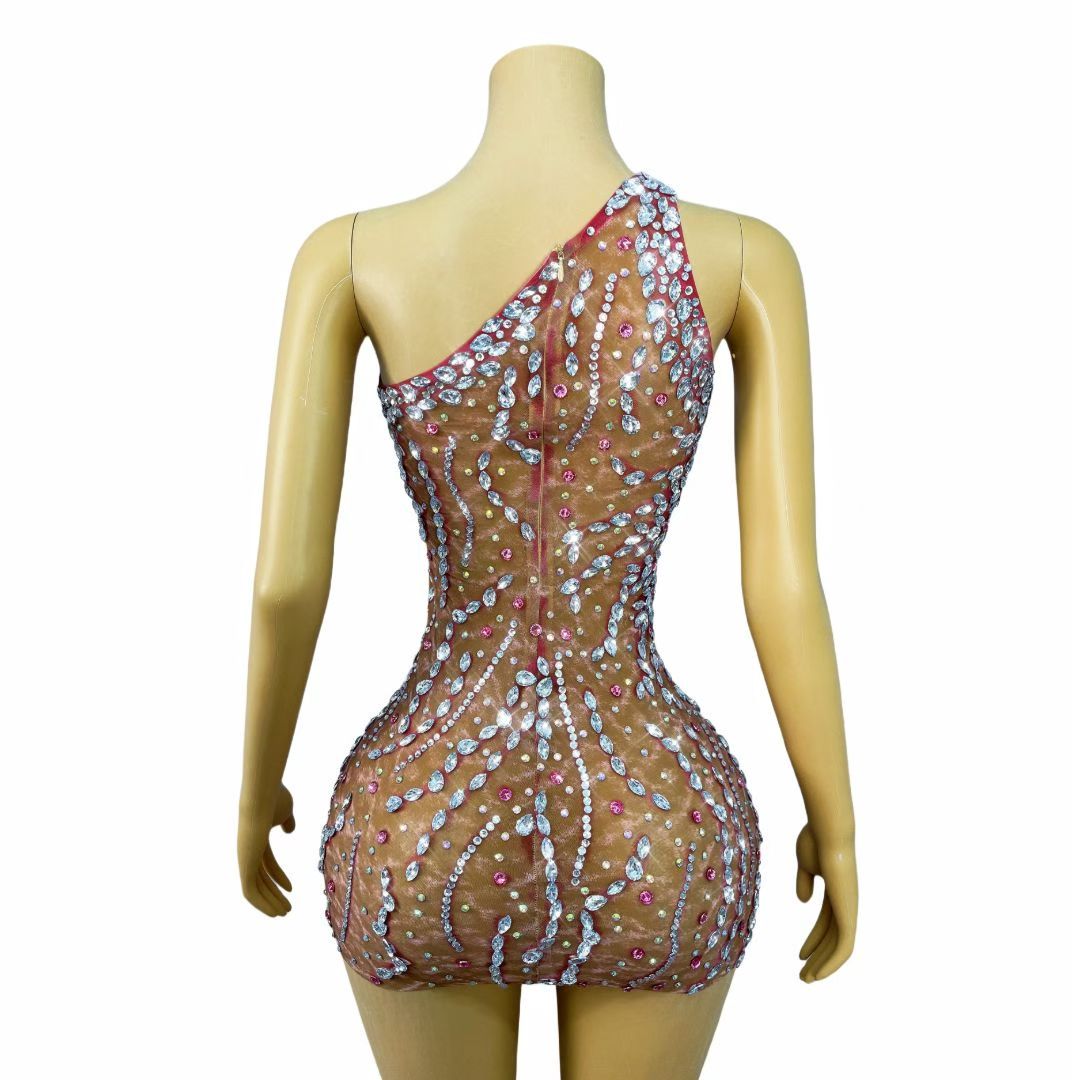 CELESINYI Lunhai Crystal One-Shoulder Mini Dress (Deep Nude)