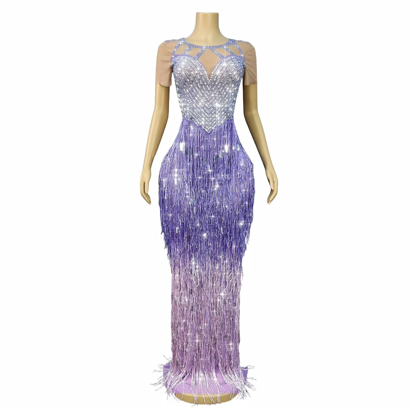 CELESINYI Piaoliu Crystal Lavender Fringe Gown