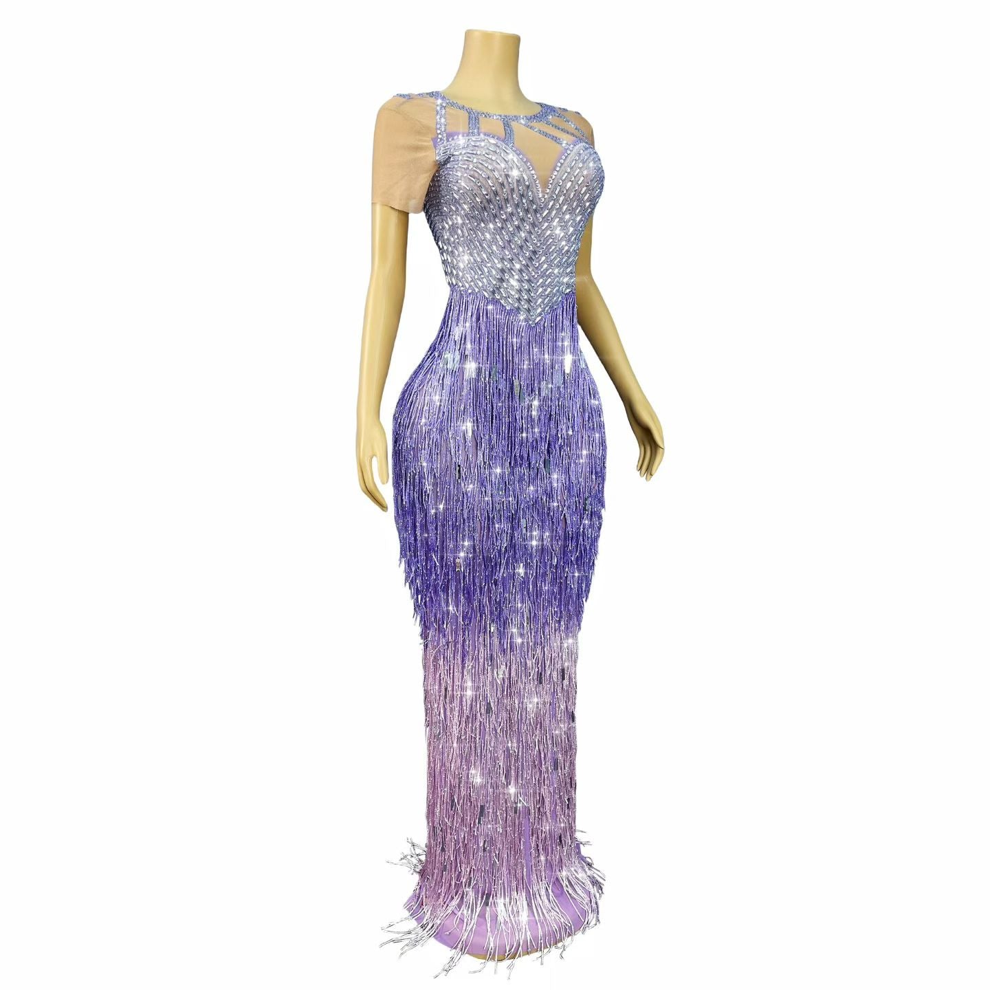 CELESINYI Piaoliu Crystal Lavender Fringe Gown