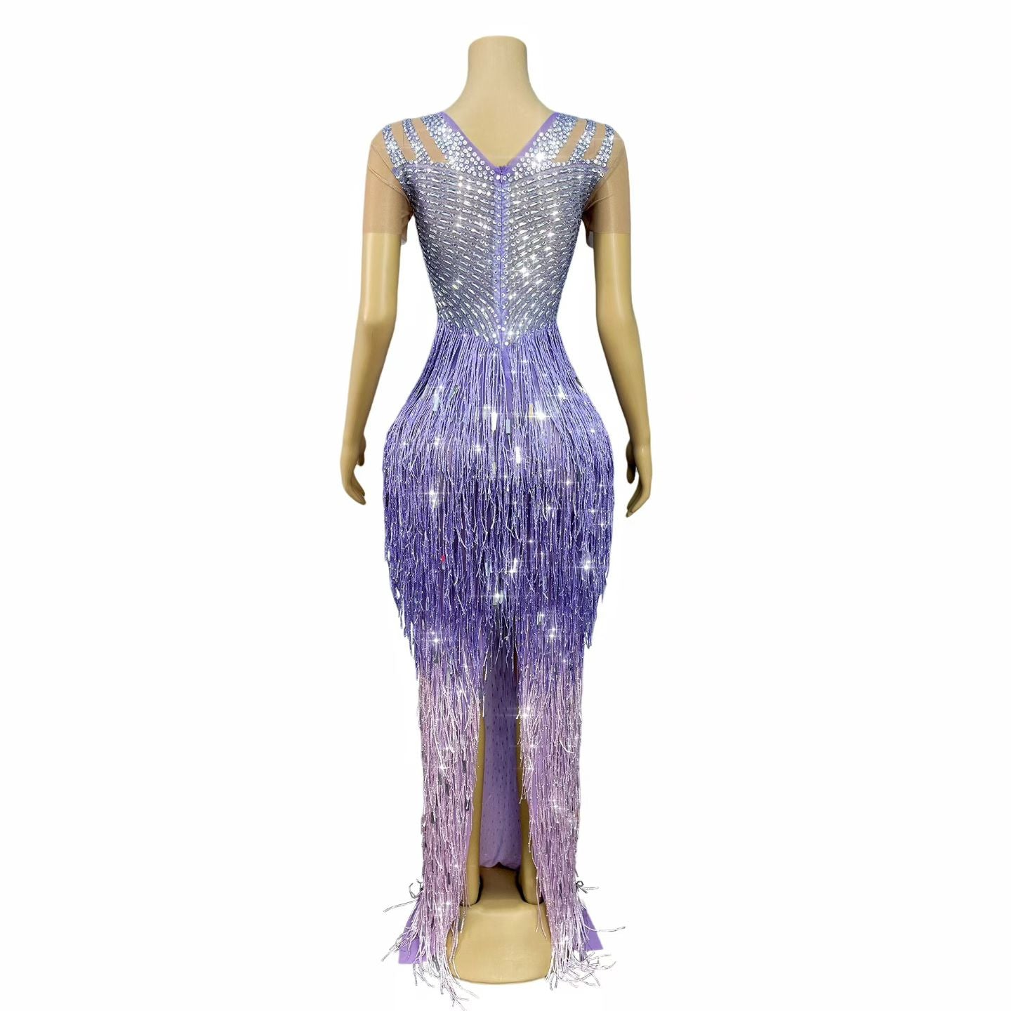 CELESINYI Piaoliu Crystal Lavender Fringe Gown