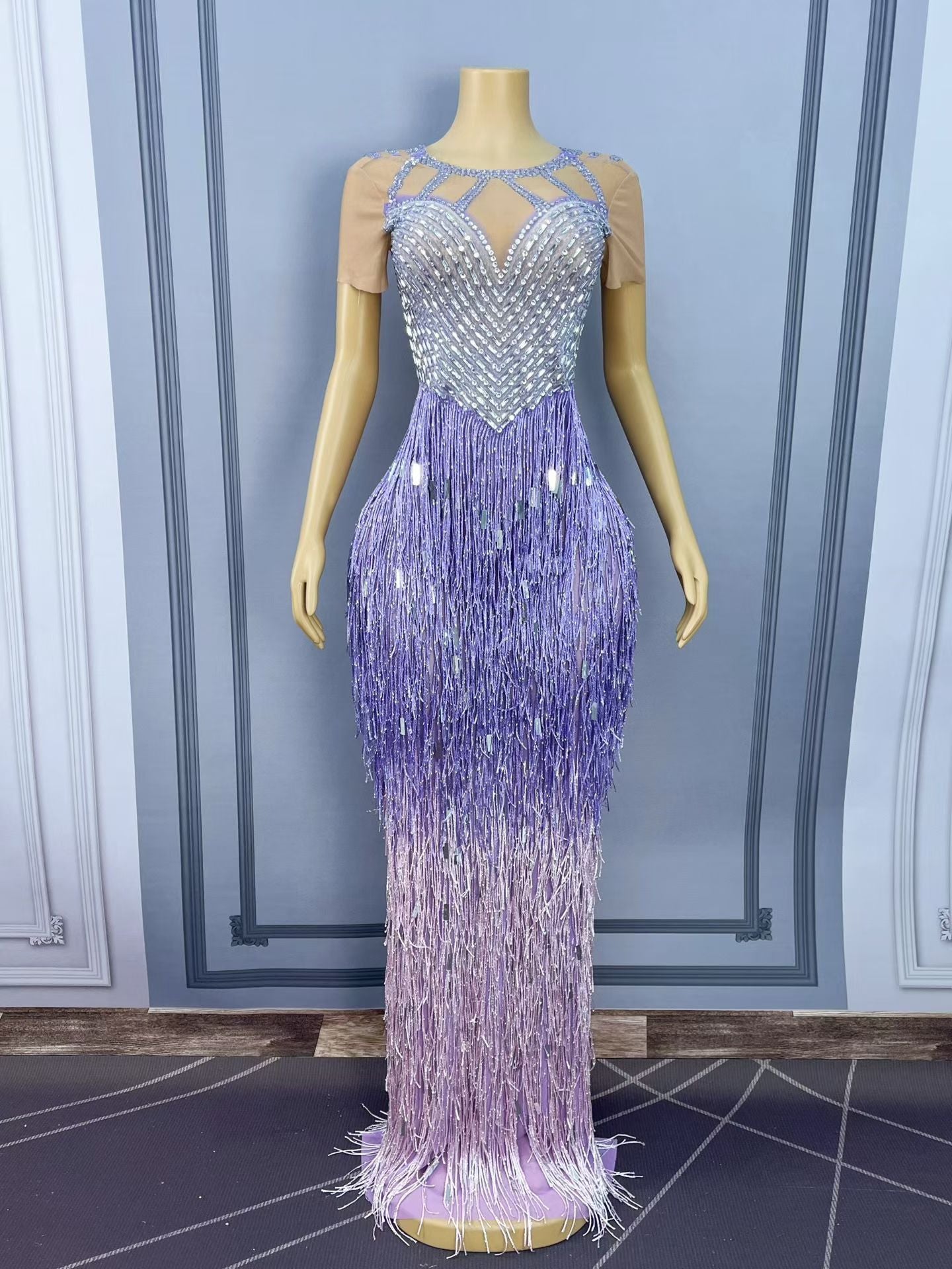 CELESINYI Piaoliu Crystal Lavender Fringe Gown