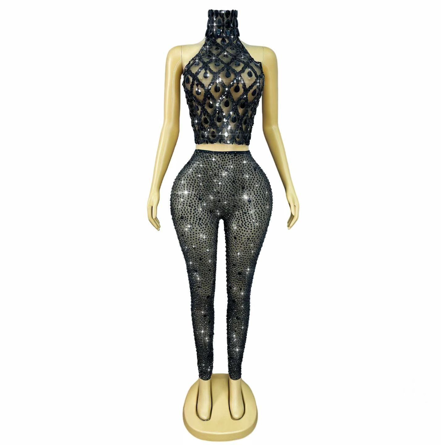 CELESINYI Shaokaoji Crystal Gem Crop Pants Set (Black)