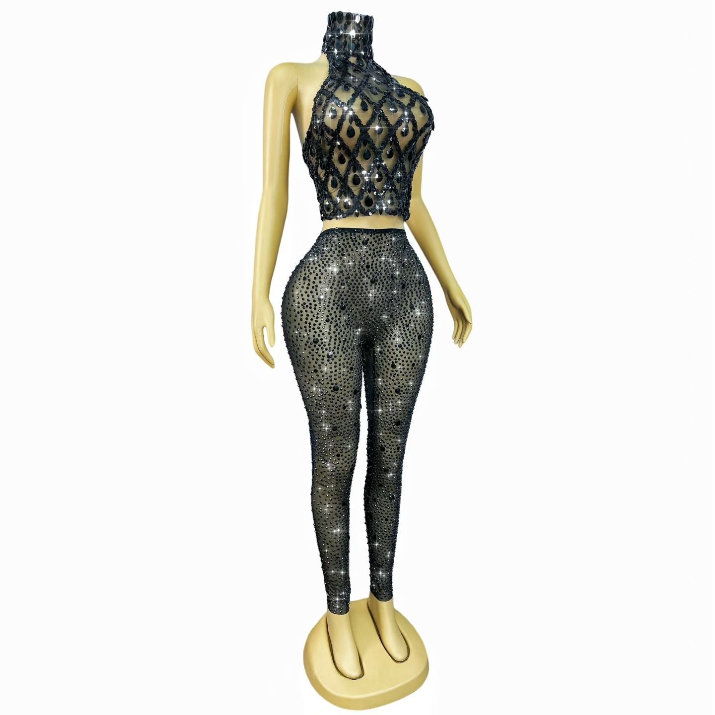 CELESINYI Shaokaoji Crystal Gem Crop Pants Set (Black)