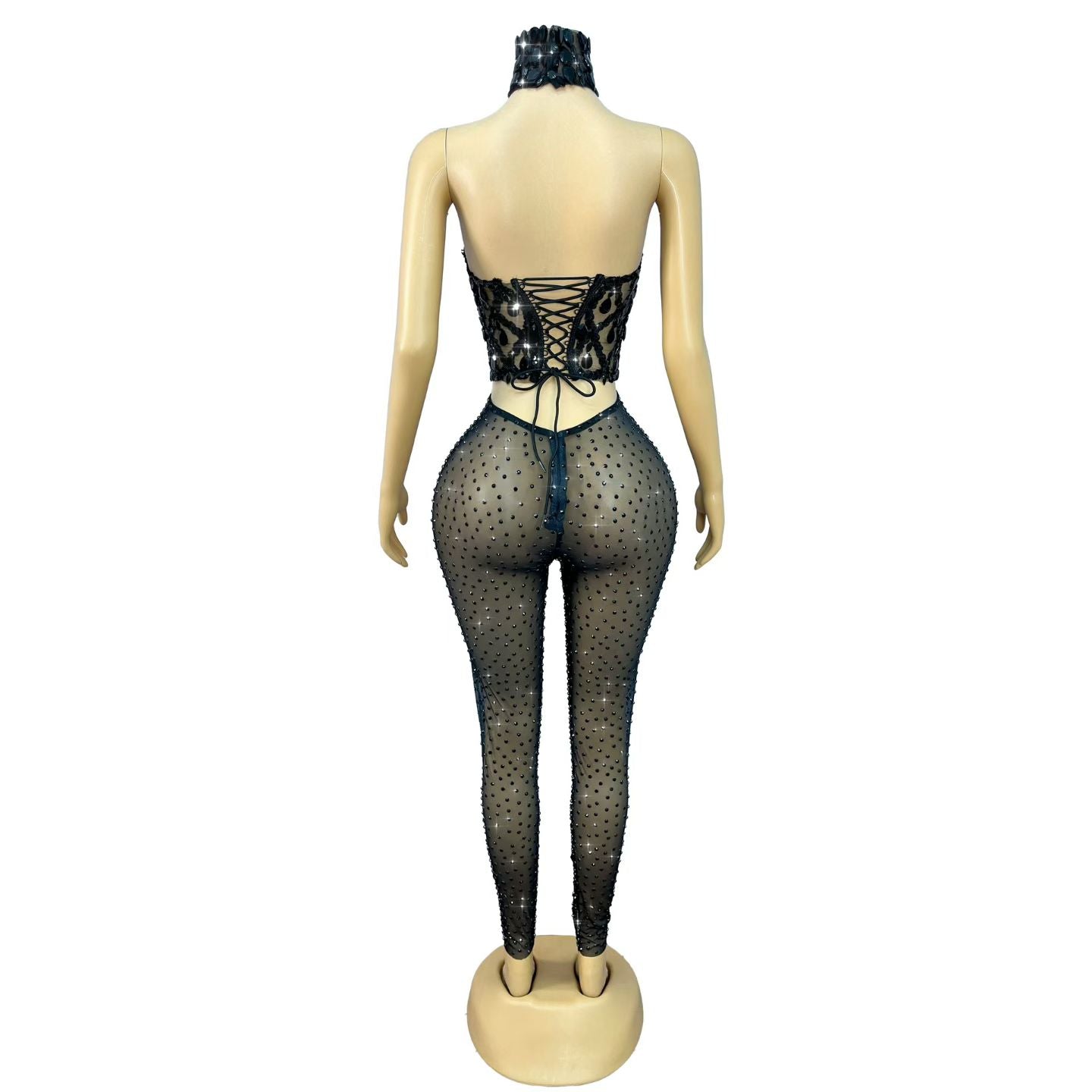 CELESINYI Shaokaoji Crystal Gem Crop Pants Set (Black)