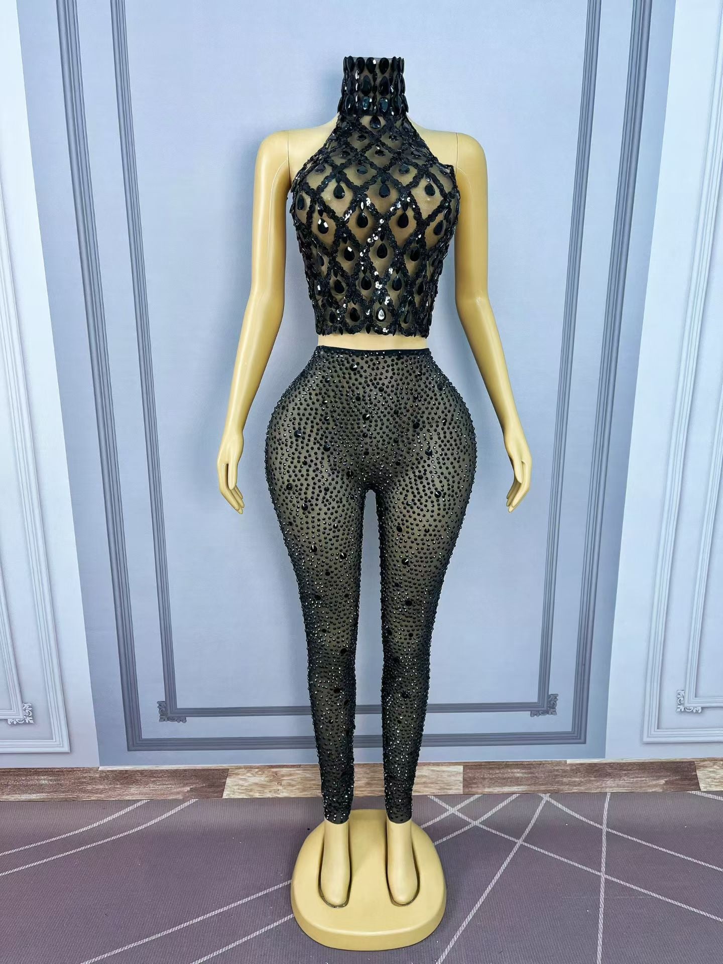 CELESINYI Shaokaoji Crystal Gem Crop Pants Set (Black)