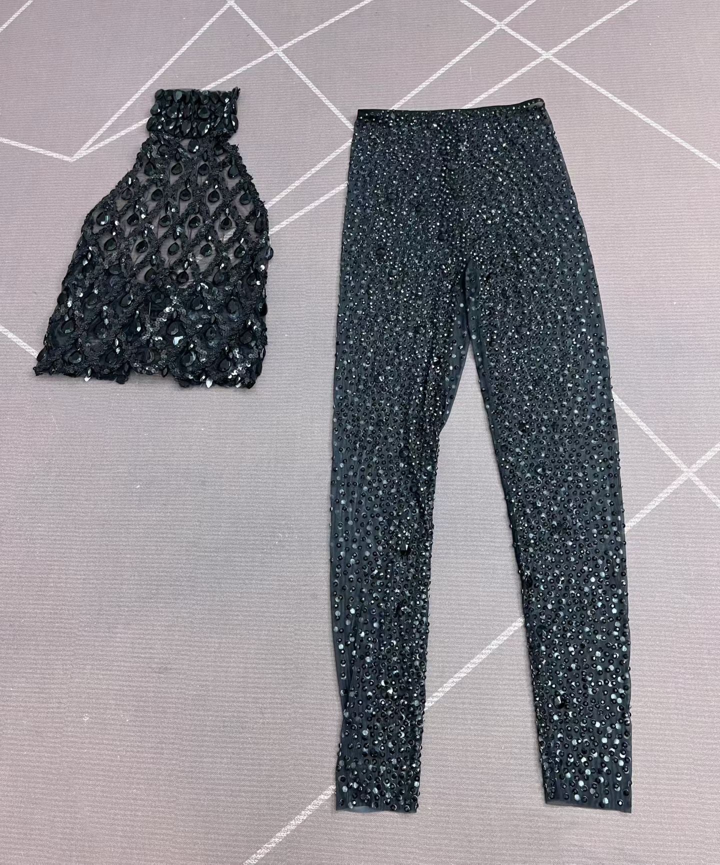CELESINYI Shaokaoji Crystal Gem Crop Pants Set (Black)