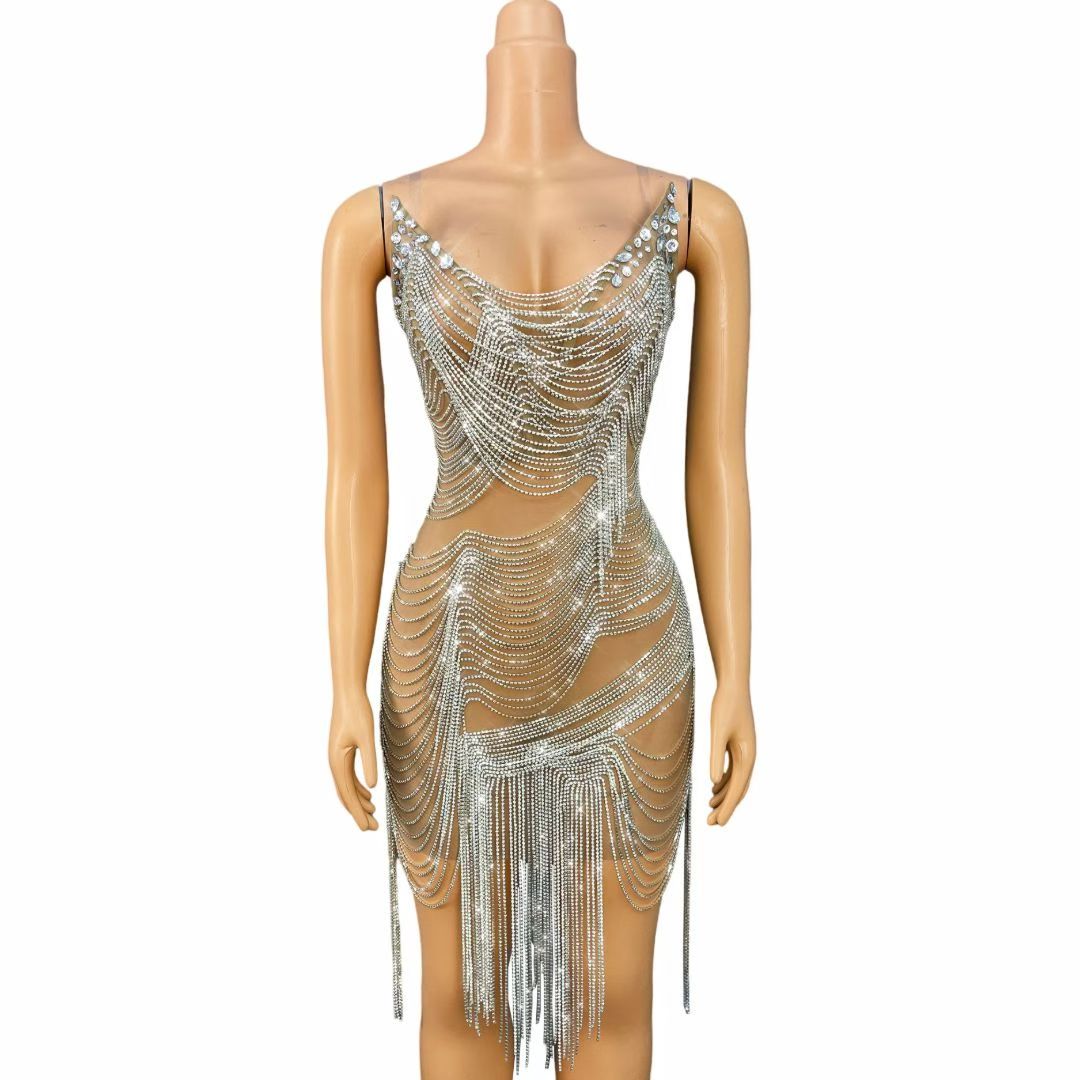 CELESINYI Weiba Crystal Chain Swag Mini Dress